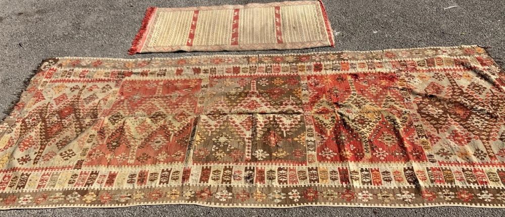 A Turkish Kilim rug and a Moroccan Kilim, larger 360 x 150cm